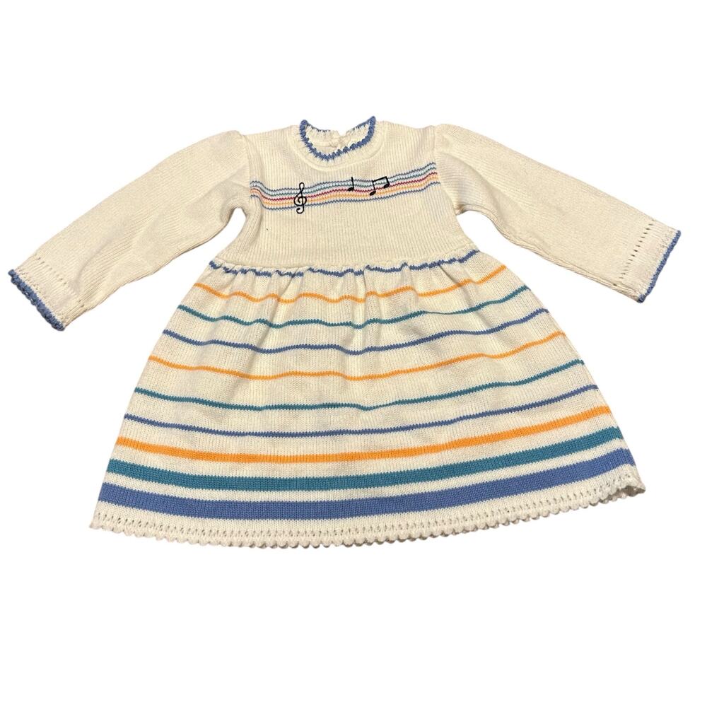 Vintage Knit Music Note Dress Toddler Size 2T Blue Yellow Stripes Long Sleeve